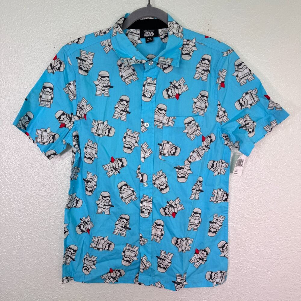 Disney Parks Star Wars Shirt Mens XS Stormtrooper Button Up Camp Blue SS NEW